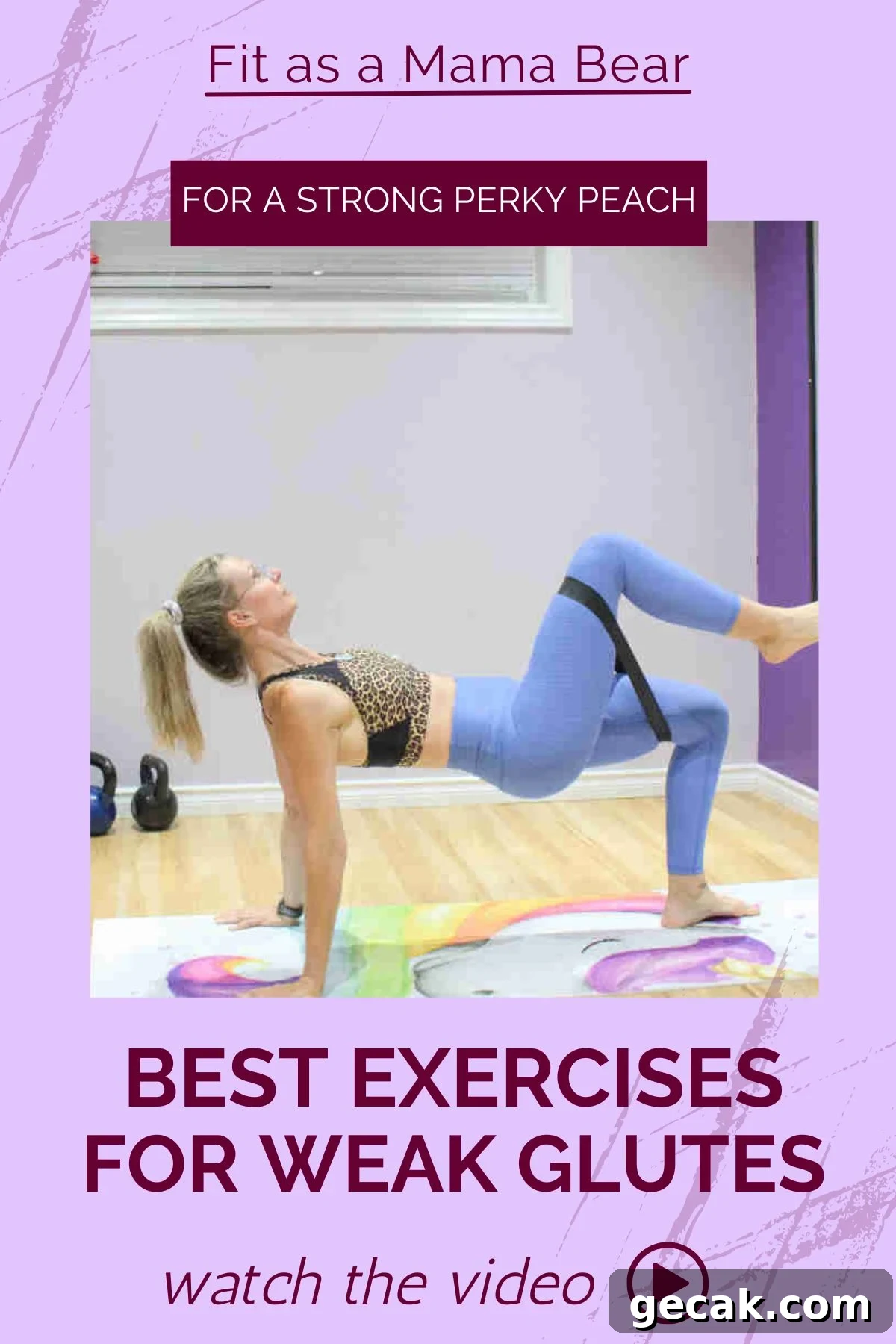 Woman in blue pants and leopard sports bra performing a glute exercise in a reverse table top position with text on the image.