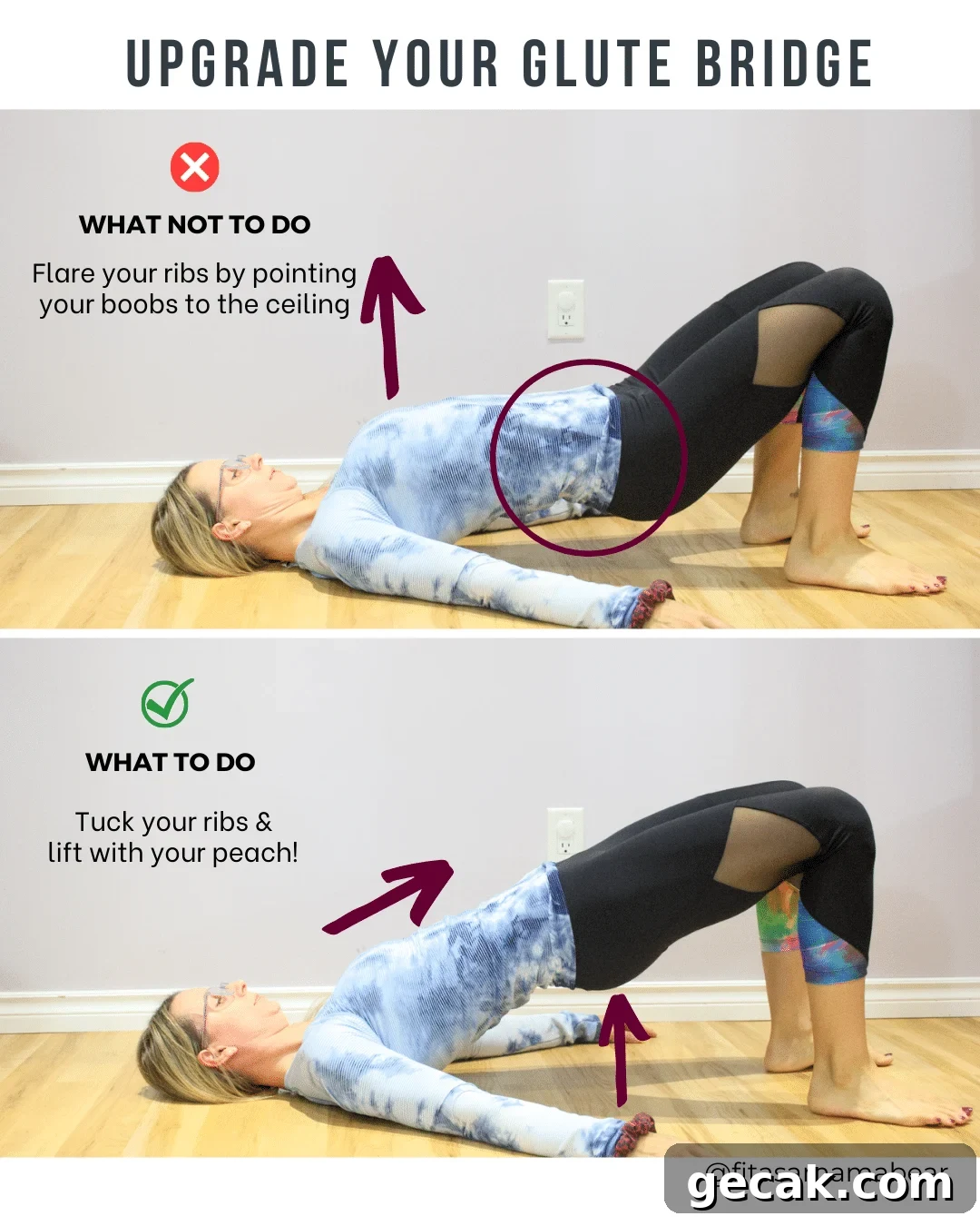 Woman in blue shirt and black pants performing a glute bridge on the floor two different ways, both with knees bent