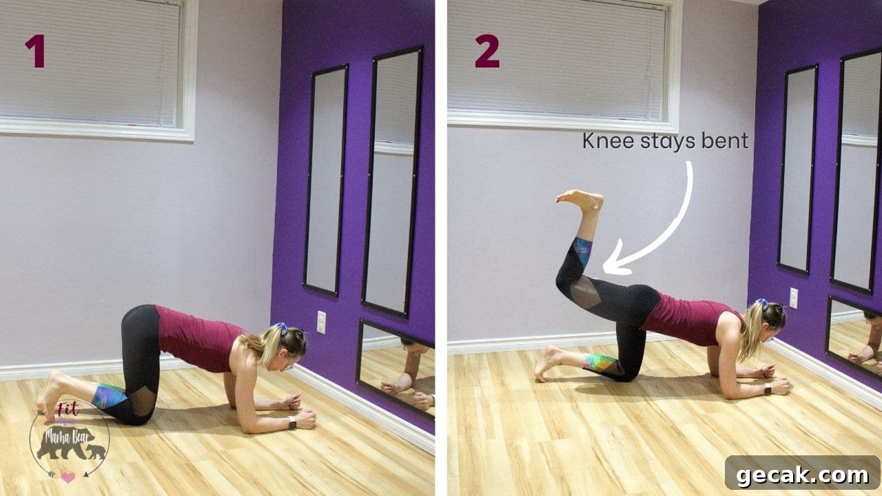 Two images of a woman in maroon shirt and black pants performing quadruped hip extensions