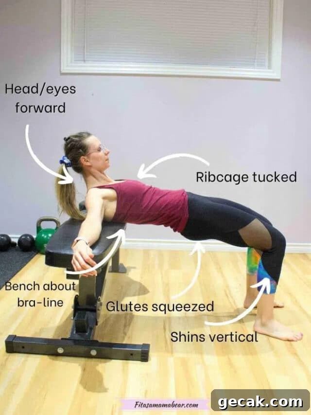 Woman in pink shirt and dark pants performing a glute bridge on a bench with technique cues