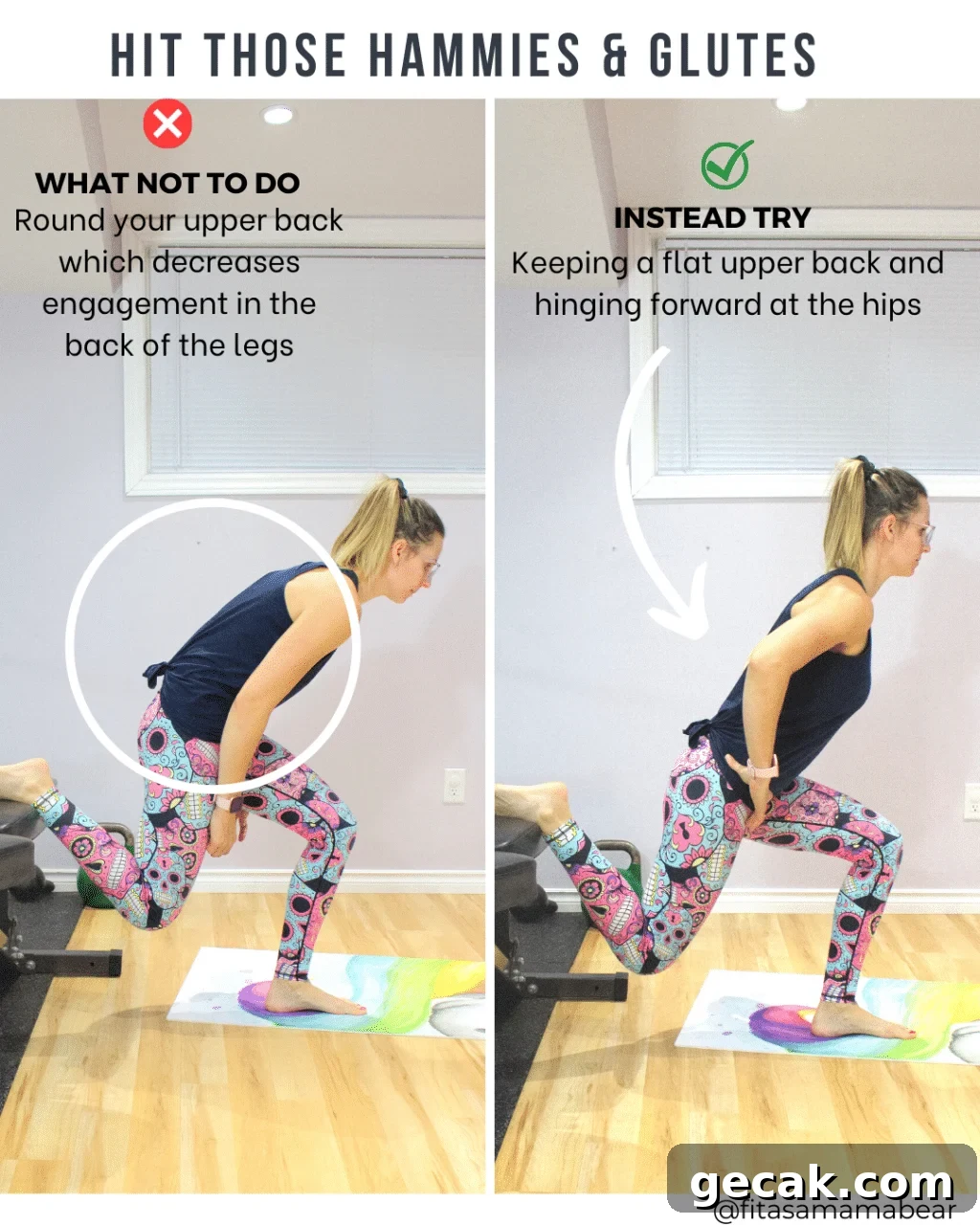 Two images of a woman performing a bulgarian split squat with cues for glute emphasis