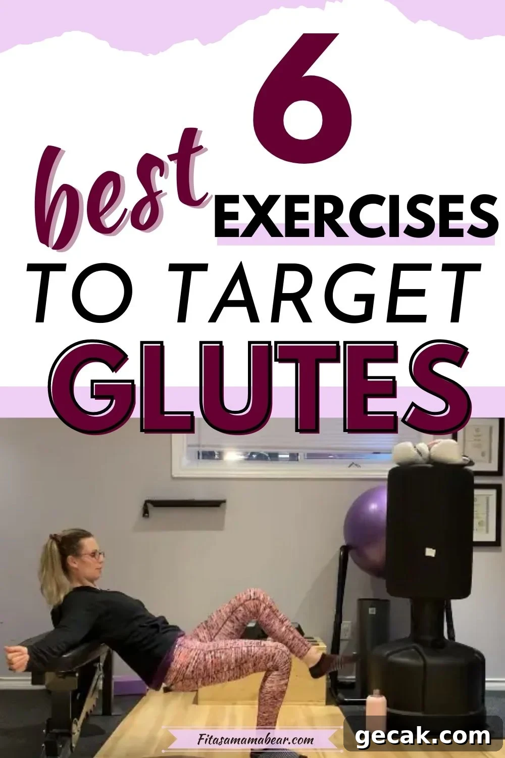 Pinterest image with text: woman in black shirt and orange pants performing a glute exercise on a bench in the gym