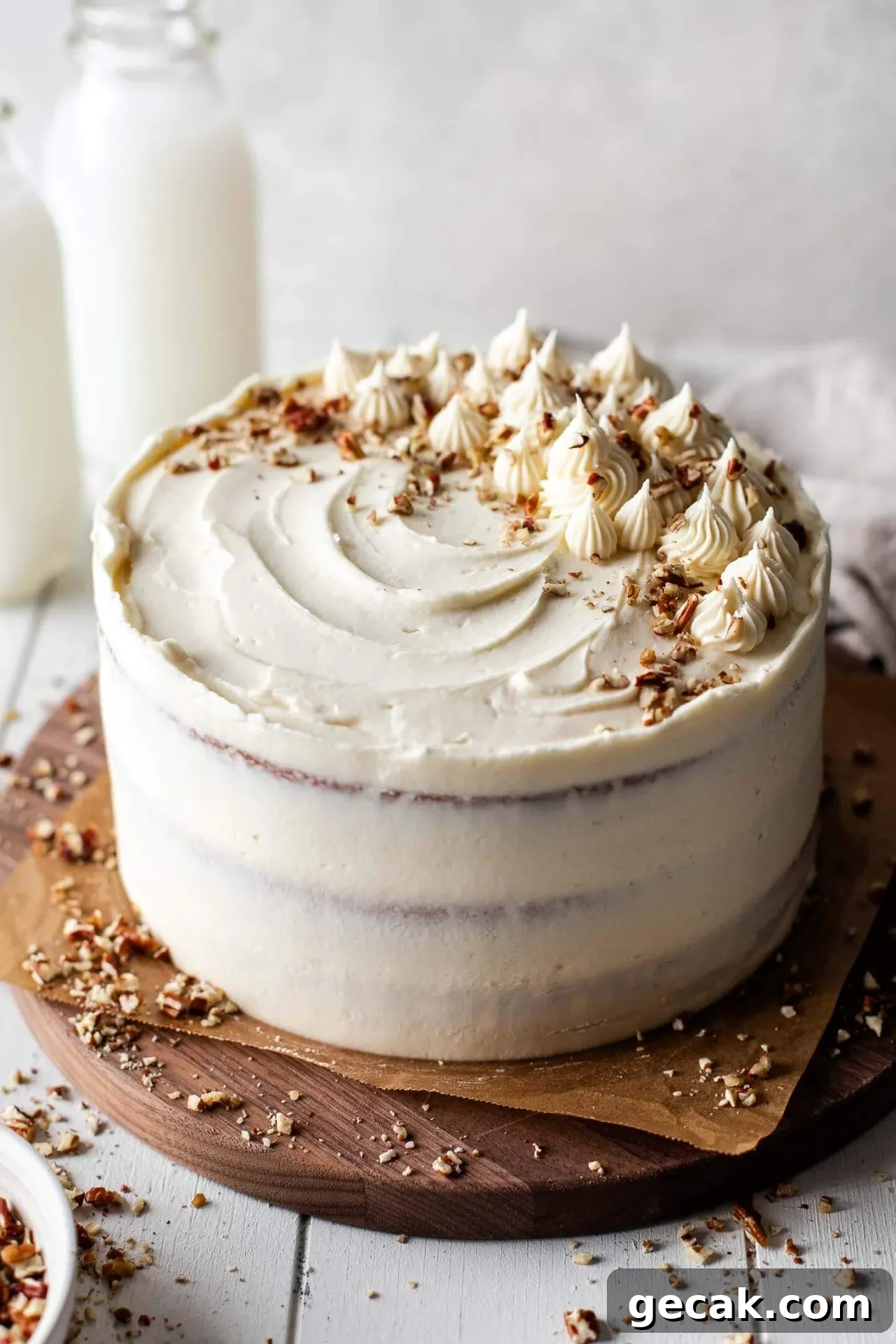 maple cake on wooden cake plate
