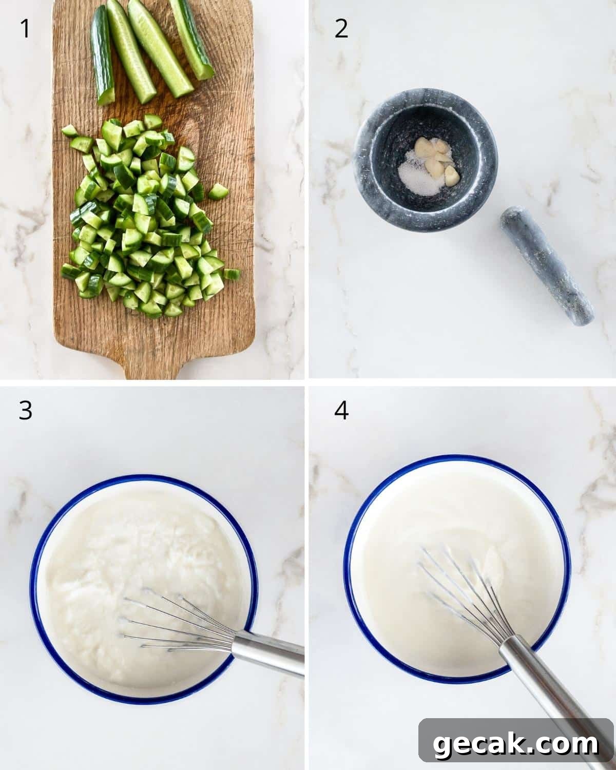 Step-by-step images of how to make cucumber and yogurt salad.