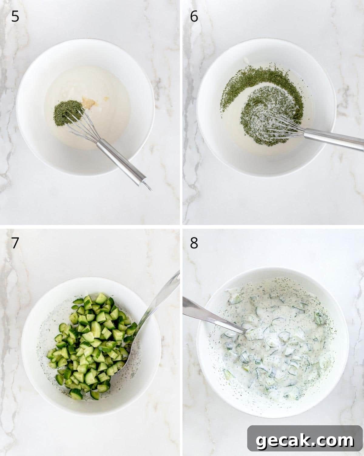 Step-by-step images of how to make cucumber and yogurt salad.