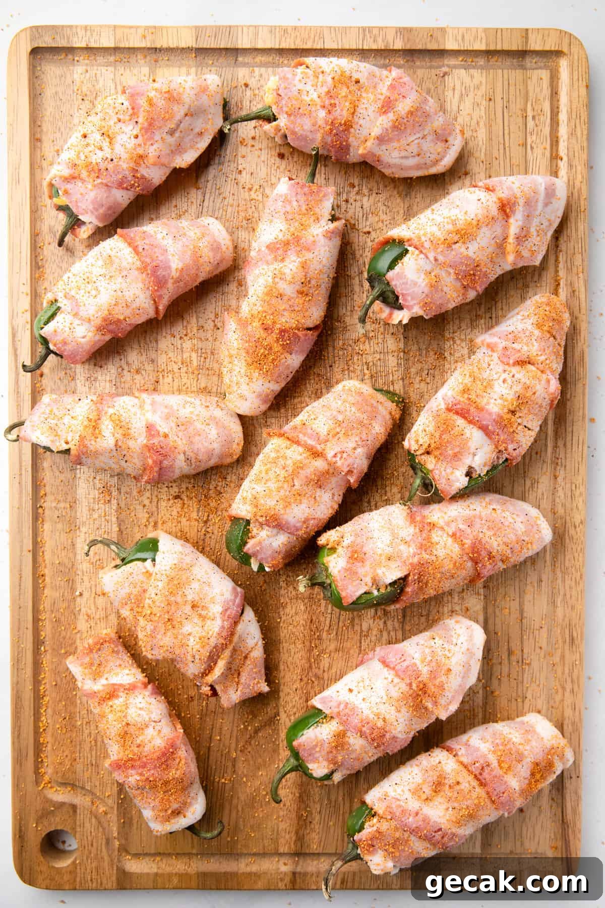 Seasoning the bacon wrapped stuffed jalapenos on cutting board for Texas Twinkies recipe