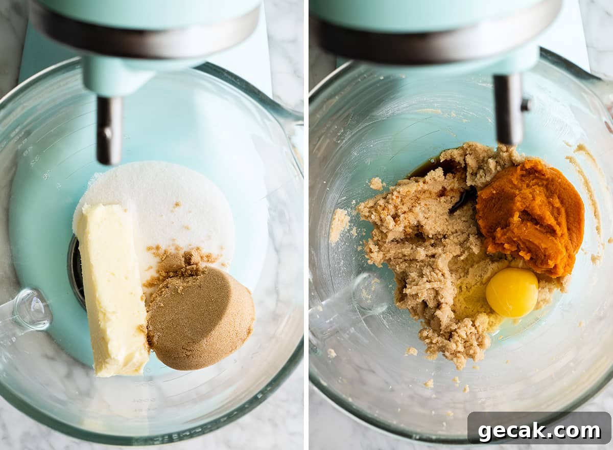 two overhead photos showing how to make Pumpkin Chocolate Chip Cookies