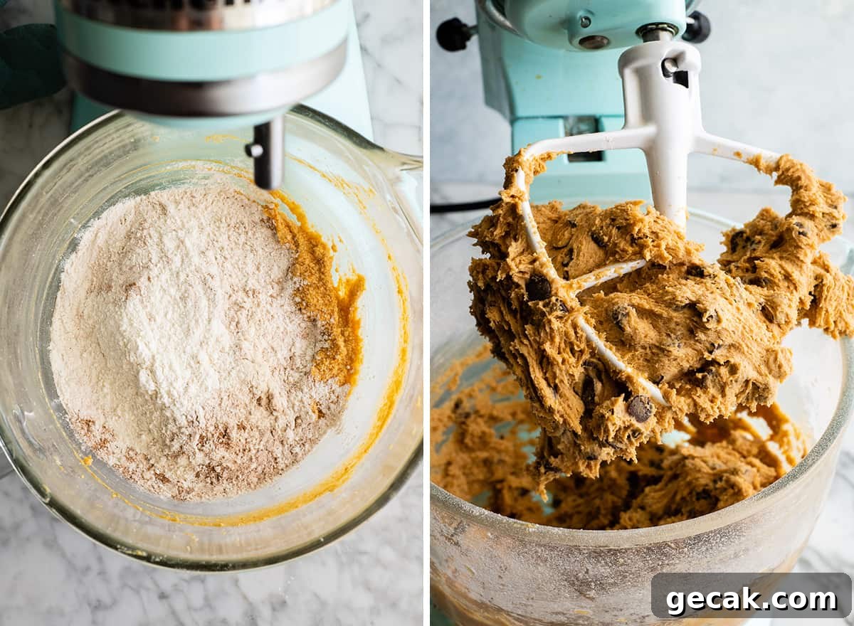 two overhead photos showing how to make Pumpkin Chocolate Chip Cookies