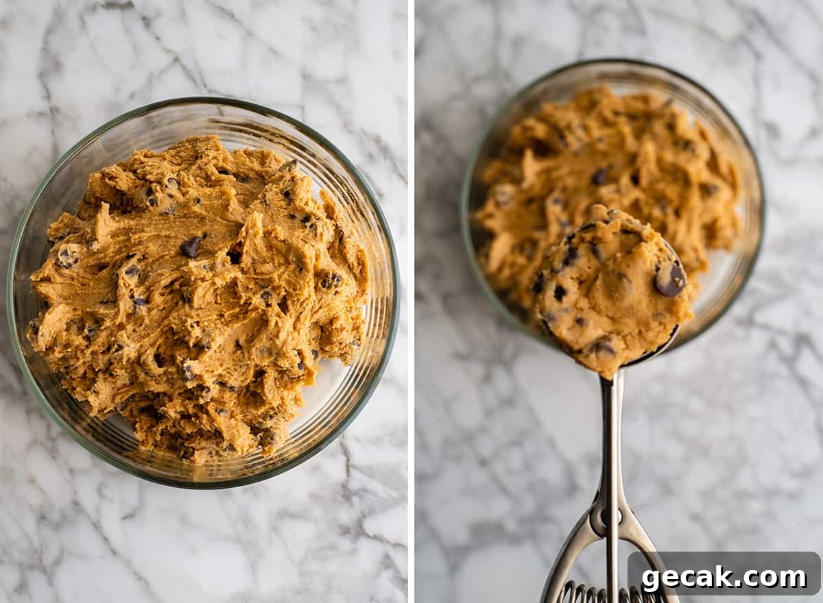 two overhead photos showing how to make Pumpkin Chocolate Chip Cookies