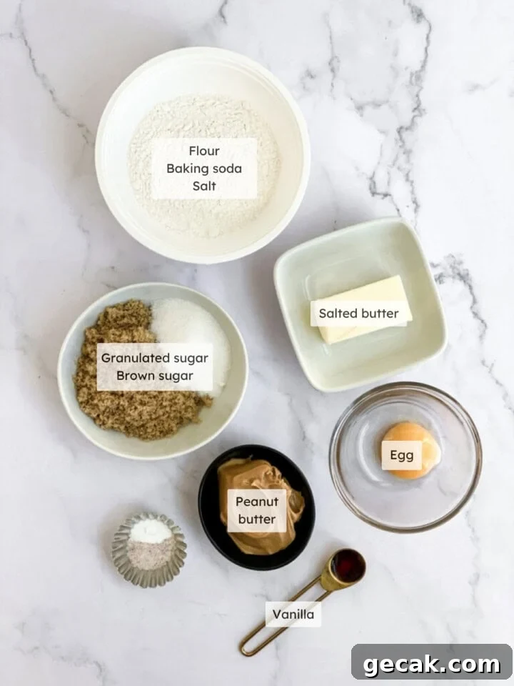 All the ingredients needed to make small batch peanut butter cookies.