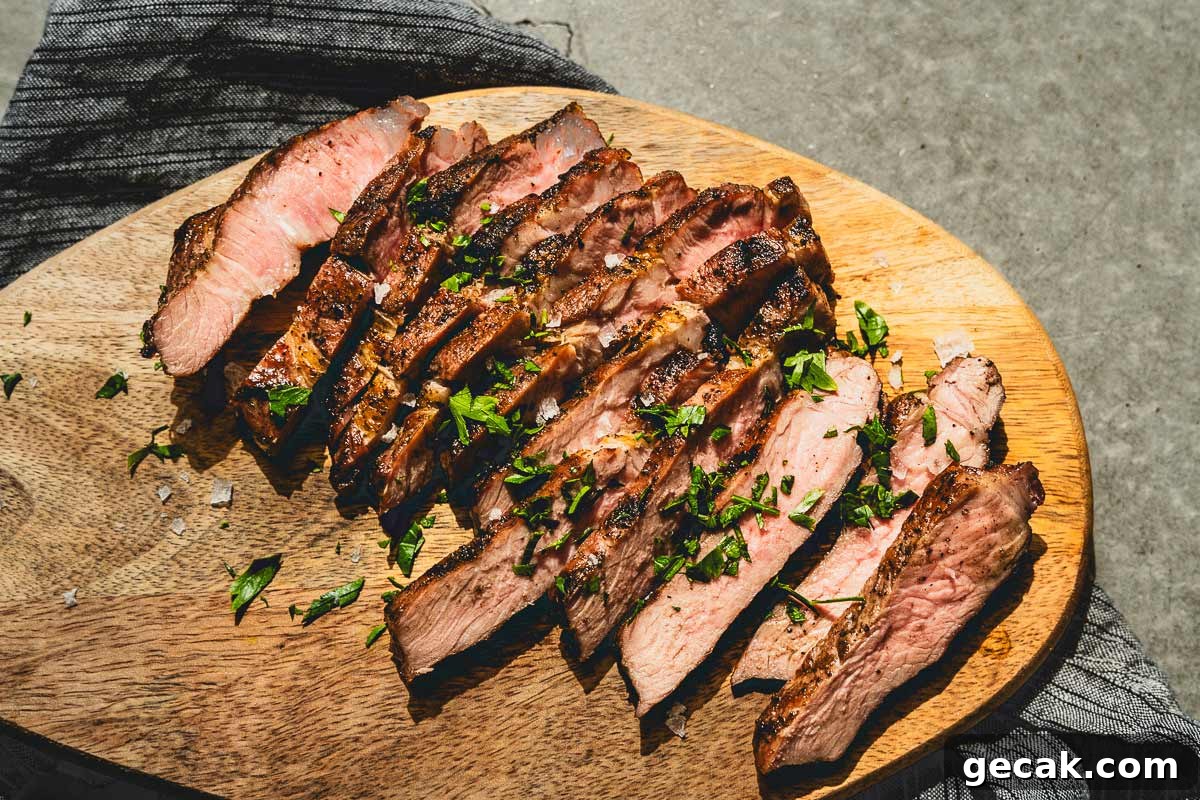 Juicy Grilled Pork Steaks with Garlic Herb Marinade 5 grilled pork steaks sliced on a cutting board