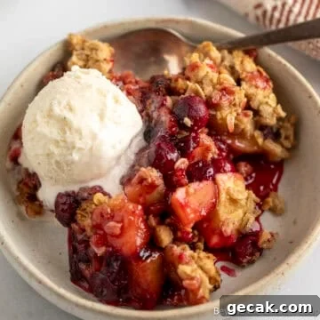 Cranberry Apple Crisp with a scoop of vanilla ice cream.
