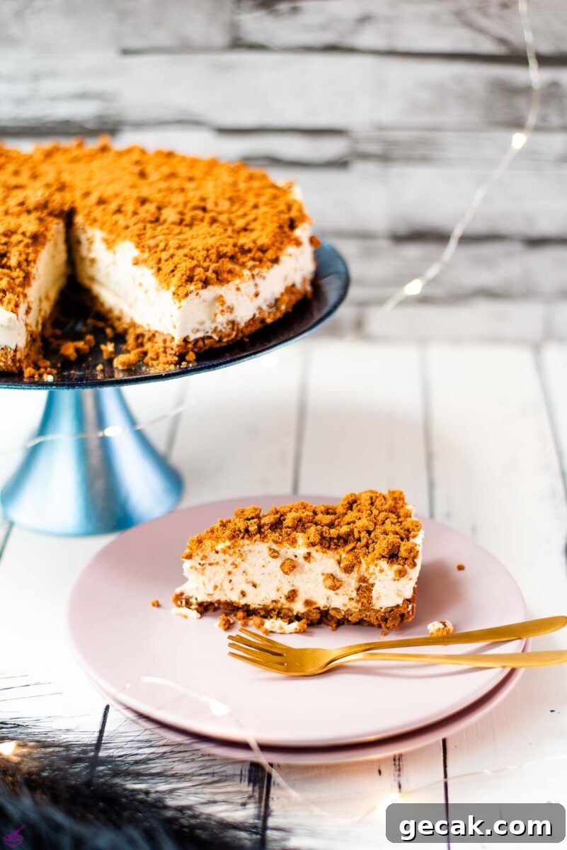 Gorgeous no bake Biscoff cheesecake on blue cake stand with a slice cut out. Placed on white wooden ground next to two pink plates.