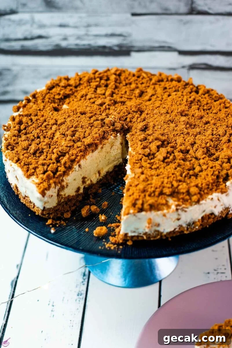 Gorgeous no bake Biscoff cheesecake on blue cake stand with a slice cut out. Placed on white wooden ground next to two pink plates.
