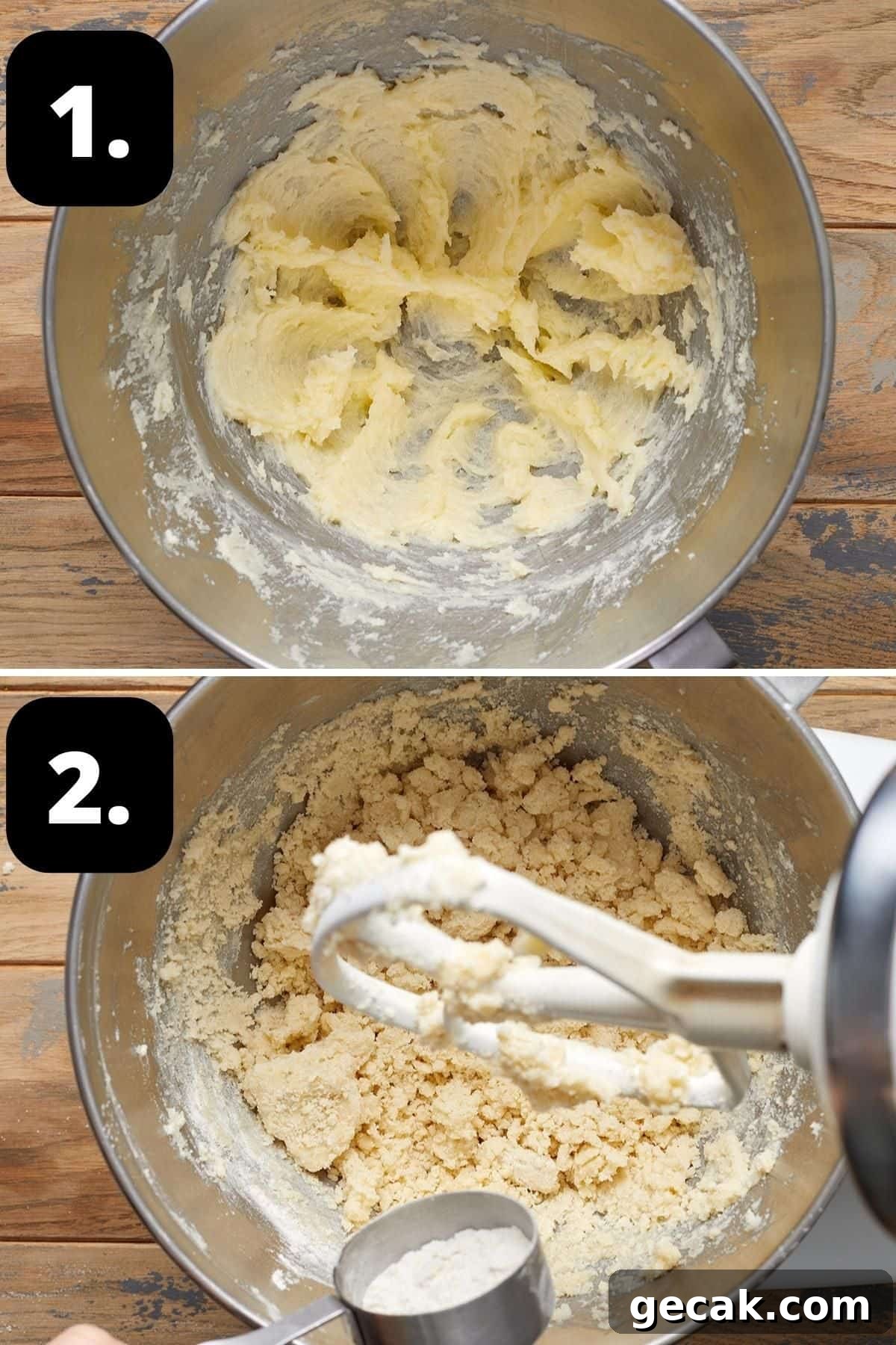 Steps 1-2 of preparing this recipe - creaming the butter and sugar in a bowl and gradually adding the flour to the mixture.