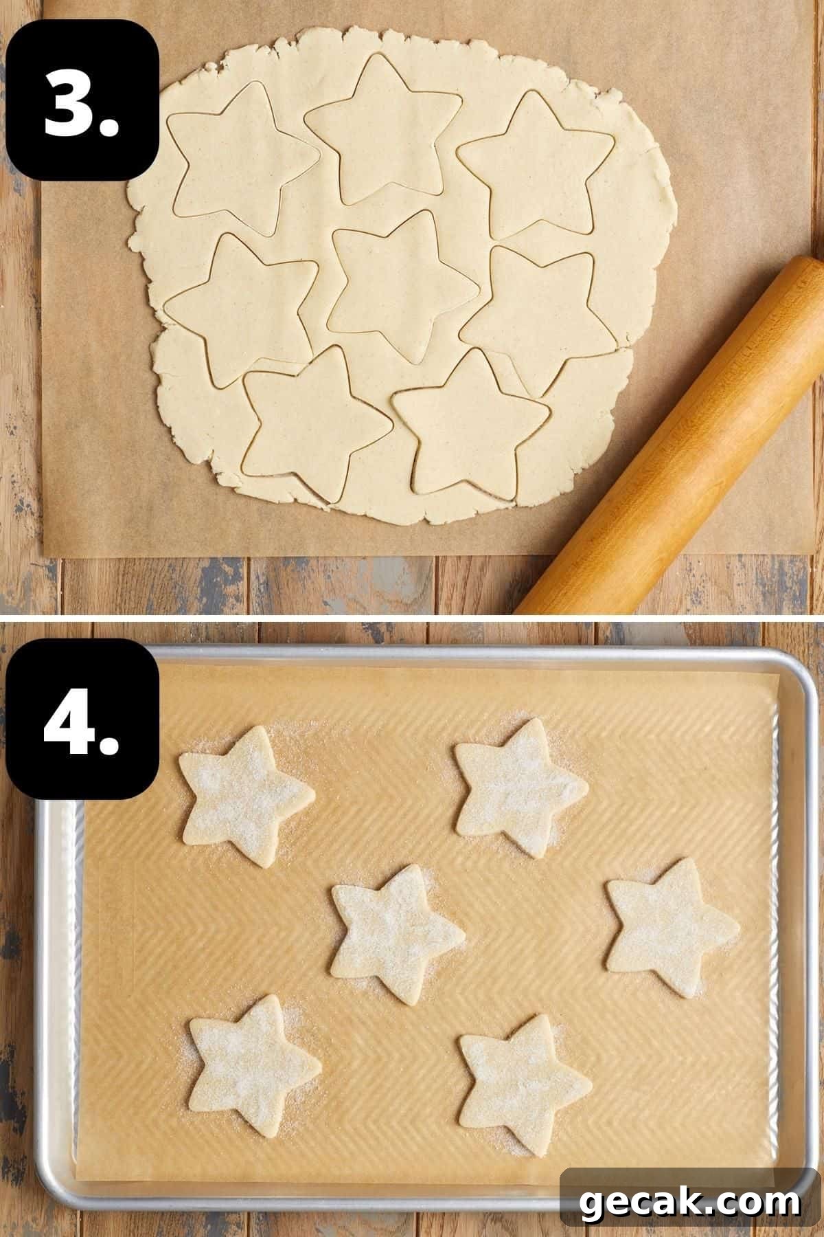 Steps 3-4 of preparing this recipe - the dough rolled out and being cut and the cut cookies on baking tray ready for the oven.