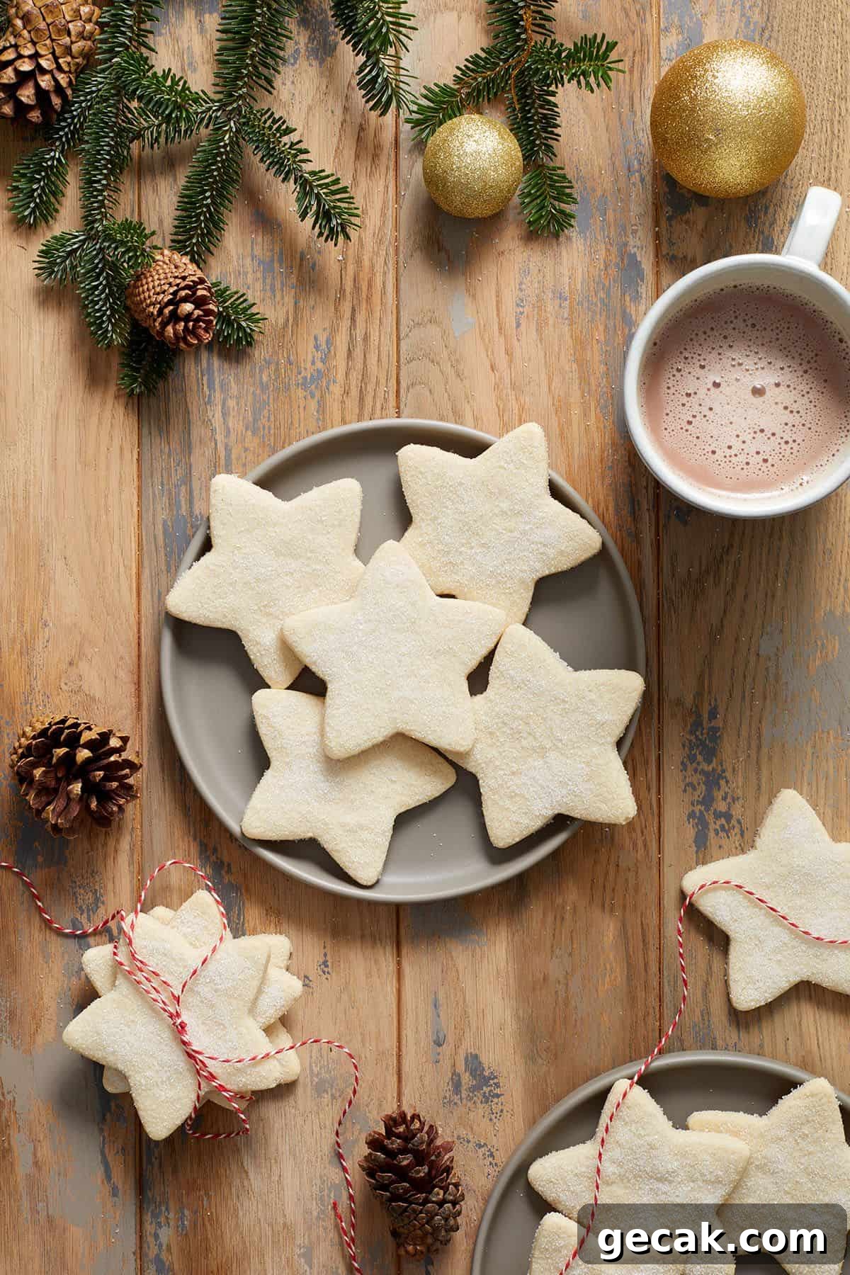 Round grey plate with five shortbread cookies, and some decorations, a cup of cocoa and cookies around the edge of the photo.