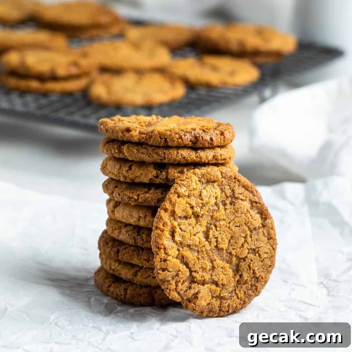 Stack of cookies sitting on some baking paper, with tray of cookies in background.