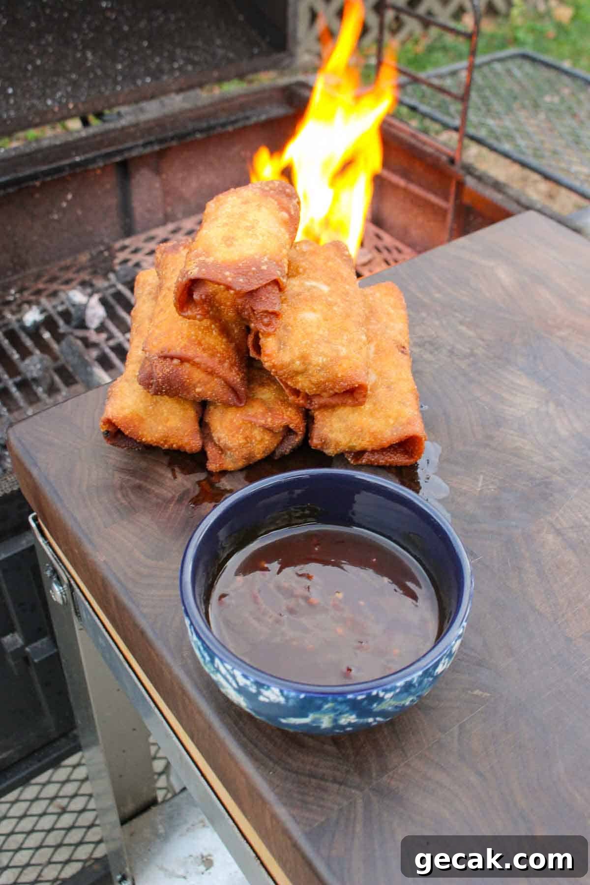 The jalapeno egg rolls are ready for the Thai sauce dip.