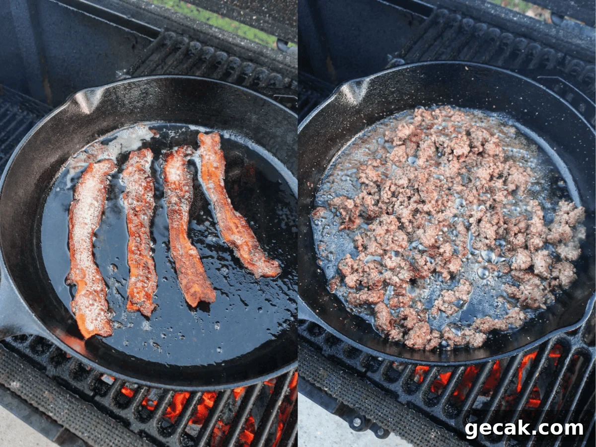 The bacon and beef are cooked in the same cast iron pan.