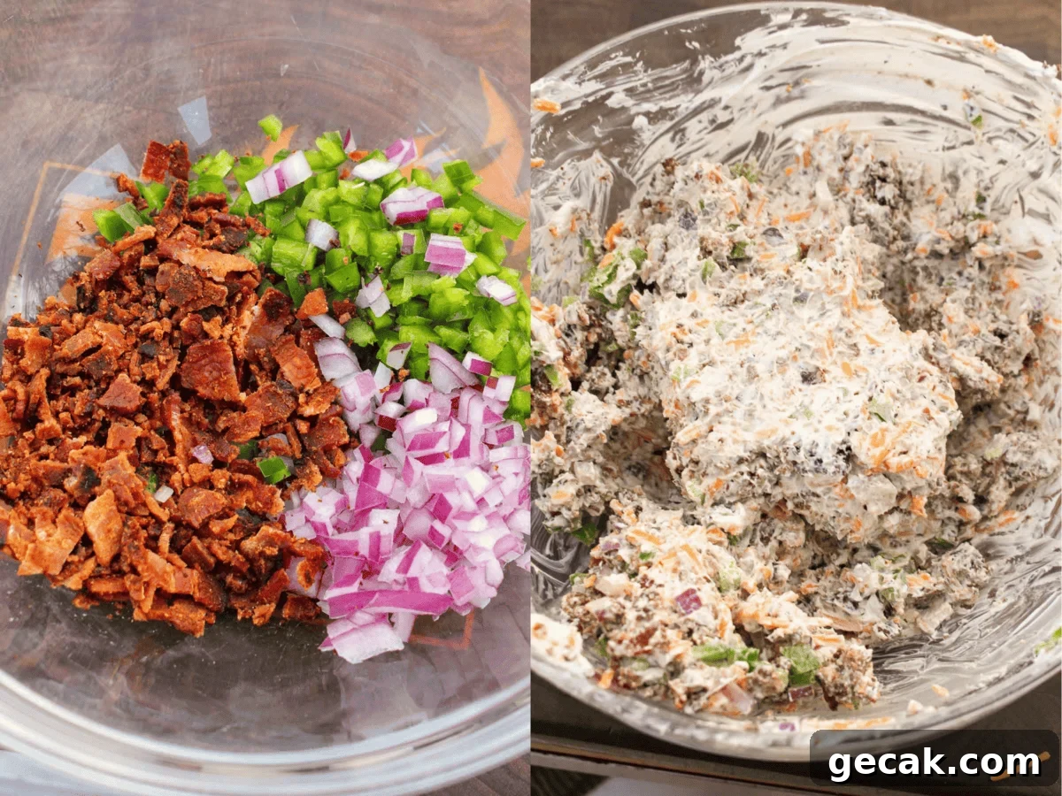 The filling comes together with a blend of cheese, jalapeños, and red onions.