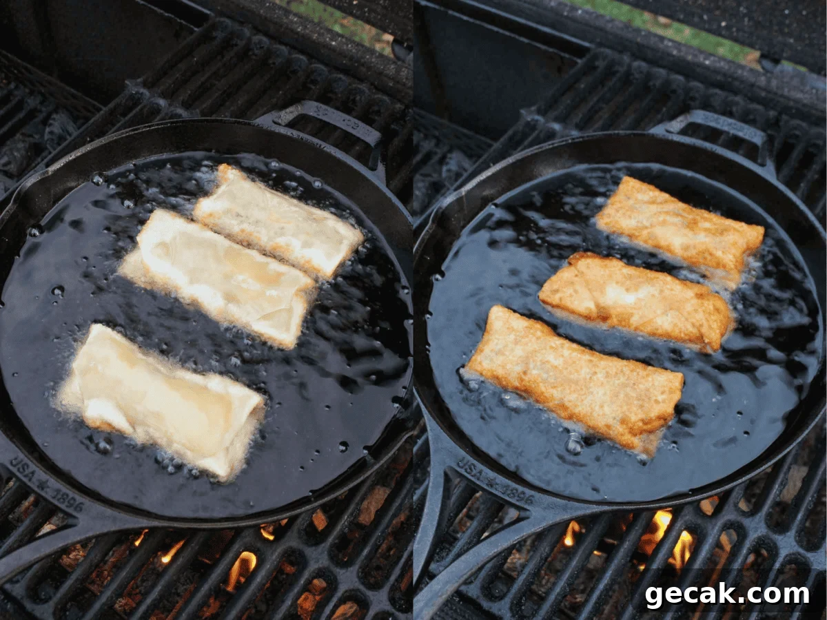 The spicy egg rolls are fried in hot oil.