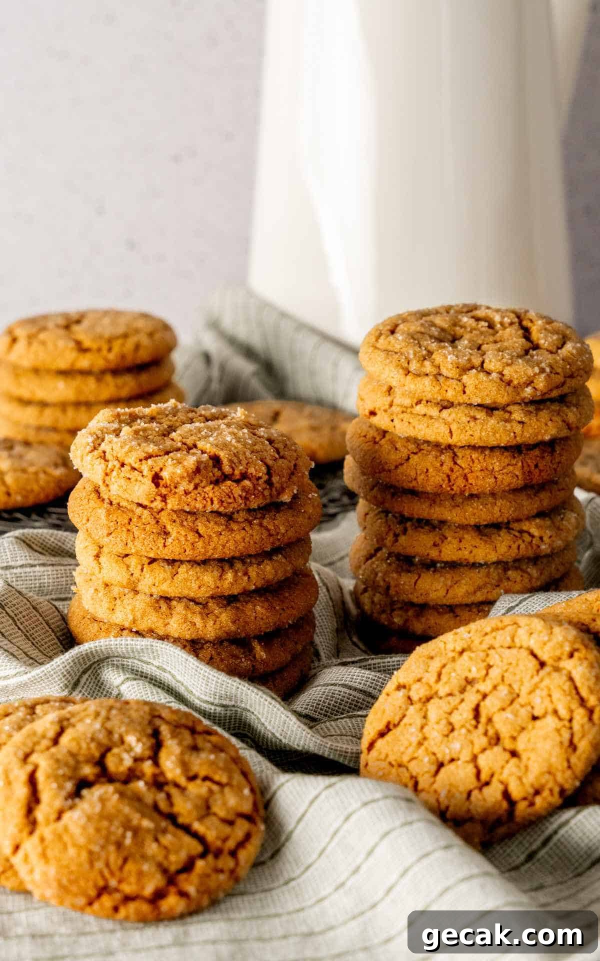 Molasses cookies in stacks with a white mug in the background.