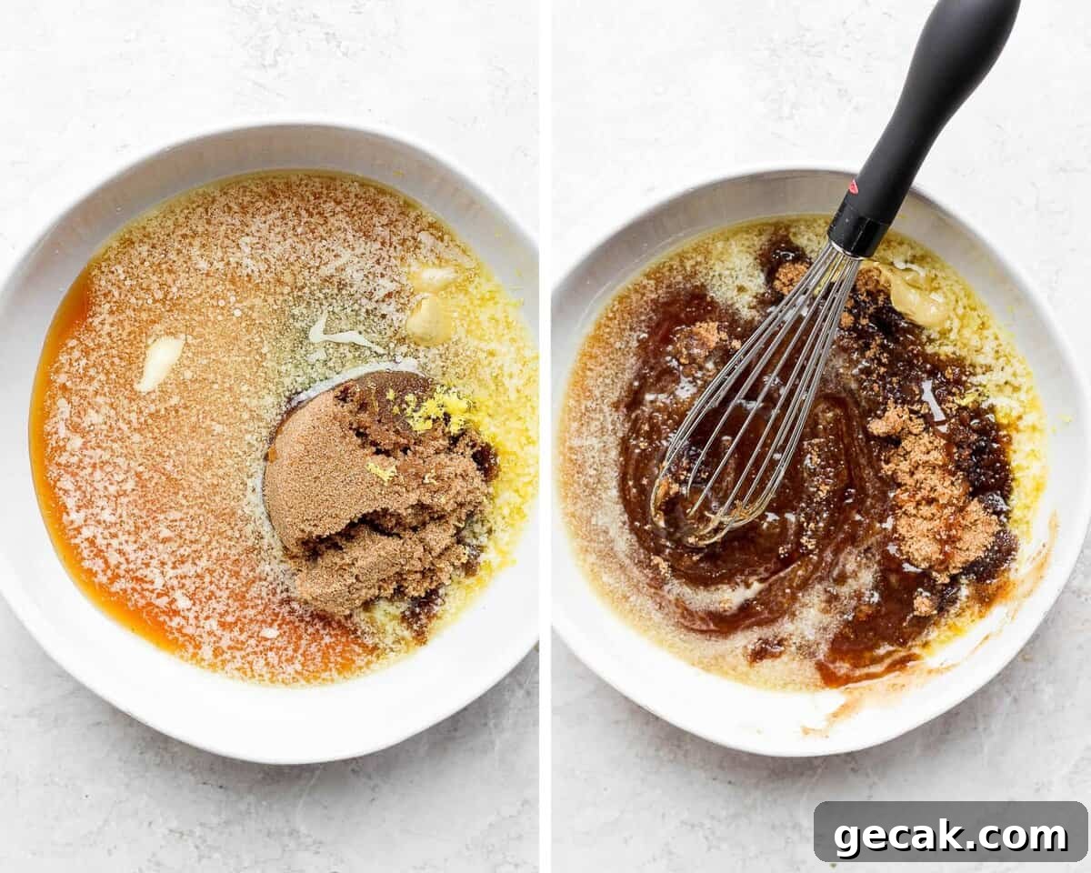 Two images showing the glaze ingredients in a white bowl and then beginning to be whisked.