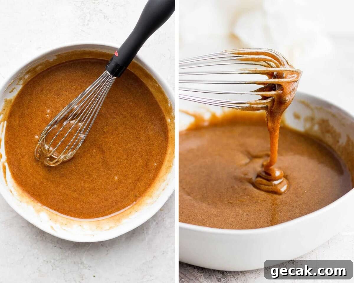 Two images showing a fully combined glaze in a white bowl.
