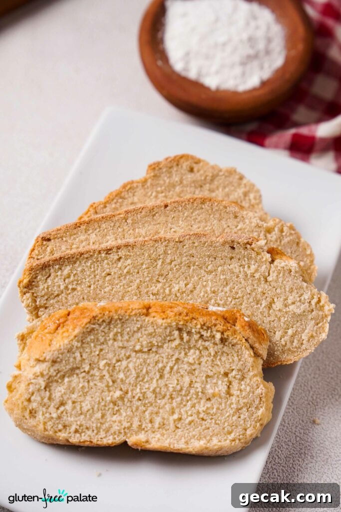 Close up view of Gluten-free Artisan bread on a white plate.