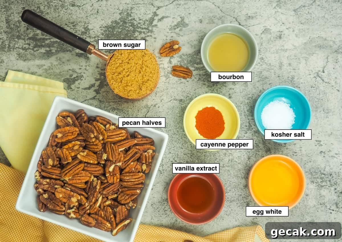 Bourbon Candied Pecans with Sweet & Spicy Glaze 5 the ingredients in candied pecans, labeled.