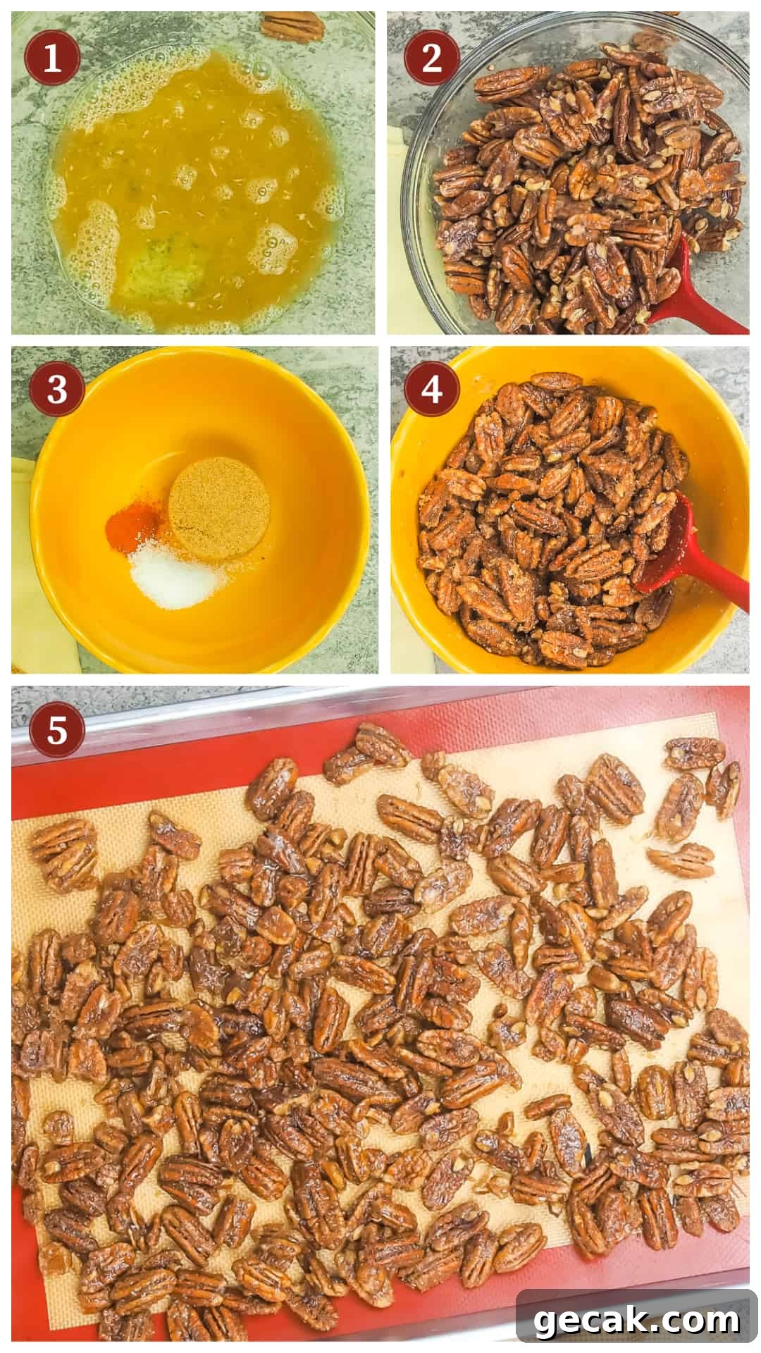 Bourbon Candied Pecans with Sweet & Spicy Glaze 6 a process of images showing the steps to make candied pecans, steps 1 - 5.
