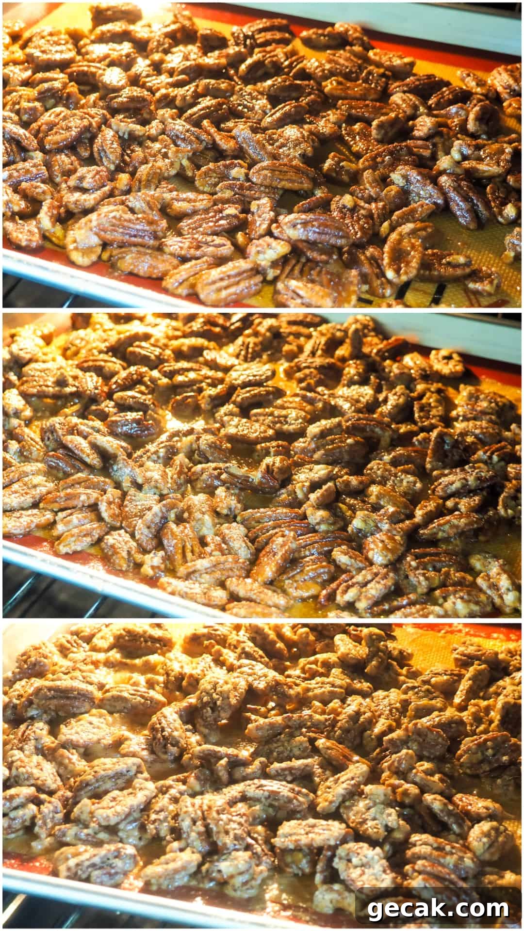 Bourbon Candied Pecans with Sweet & Spicy Glaze 8 three images in a column showing the stages of candied pecans baking.