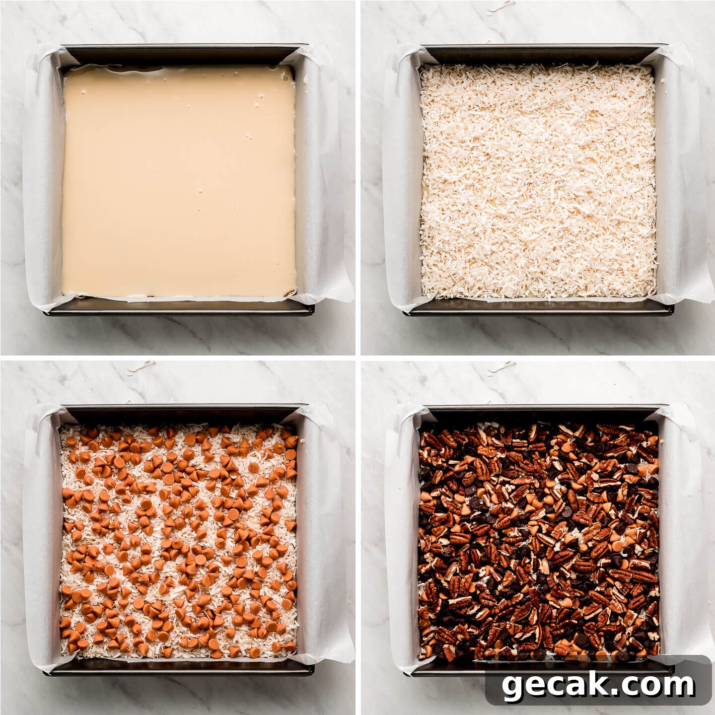 Pan lined with parchment showing sets of filling with sweetened condensed milk, coconut, butterscotch chips, chocolate, and nuts.