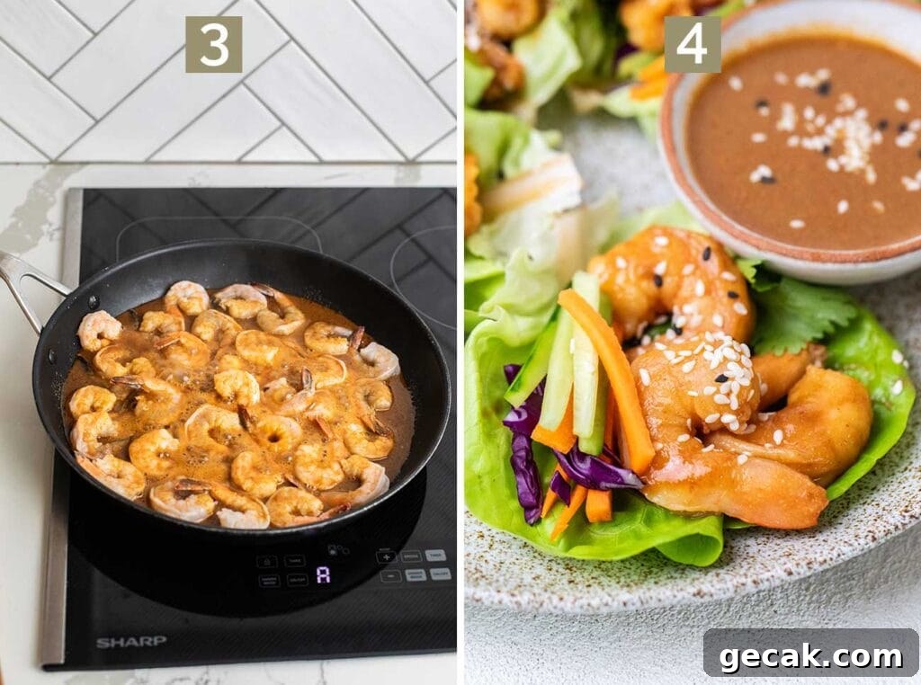 Spicy Thai Shrimp Lettuce Wraps — Low-Carb Dinner Idea 7 Step 3 shows simmering the shrimp in the Asian sauce, and step 4 shows adding the shrimp to butter lettuce cups.