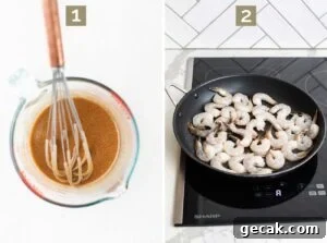 Step 1 shows whisking together the simmer sauce, and step 2 shows cooking the shrimp in a large skillet.