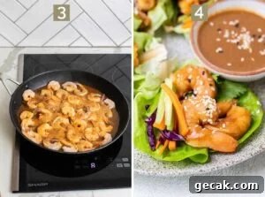 Step 3 shows simmering the shrimp in the Asian sauce, and step 4 shows adding the shrimp to butter lettuce cups.