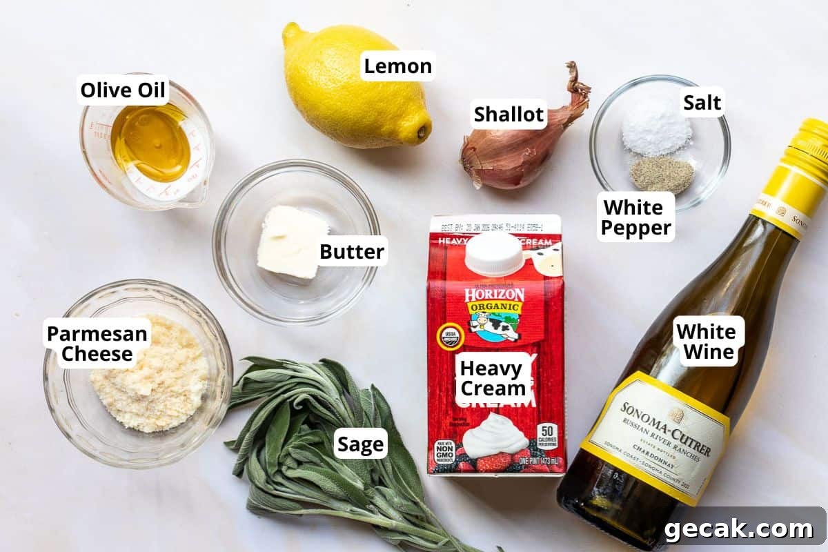 Ingredients for lobster ravioli sauce are arranged on a white surface, including olive oil, parmesan cheese, sage, butter, lemon, shallot, heavy cream, salt, white pepper, and white wine.