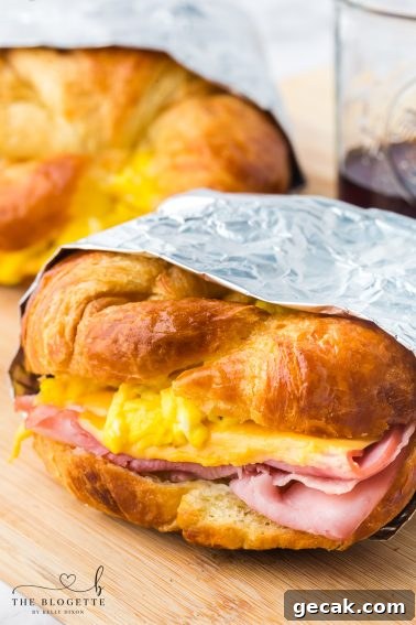Croissant Breakfast Sandwiches are the ultimate breakfast comfort! Buttery flakey bread stuffed with eggs, ham, and melted cheese.