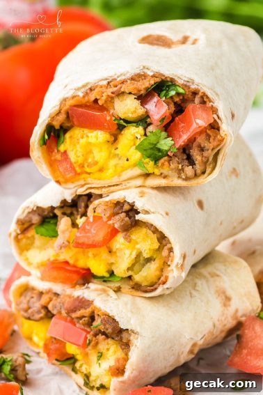 These delicious, hearty breakfast burritos are easy to scarf down! They are great for meal-prep to freeze and bake later.