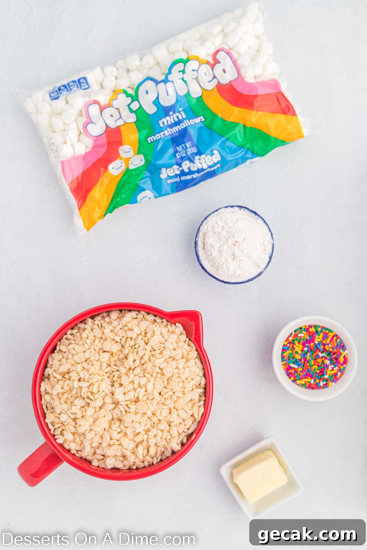 Cake Batter Rice Krispie Treats Recipe: Sweet Party Snack 3 Ingredients for Cake batter rice krispie treats - rice krispie cereal, butter, mini marshmallows, dry cake mix, sprinkles.