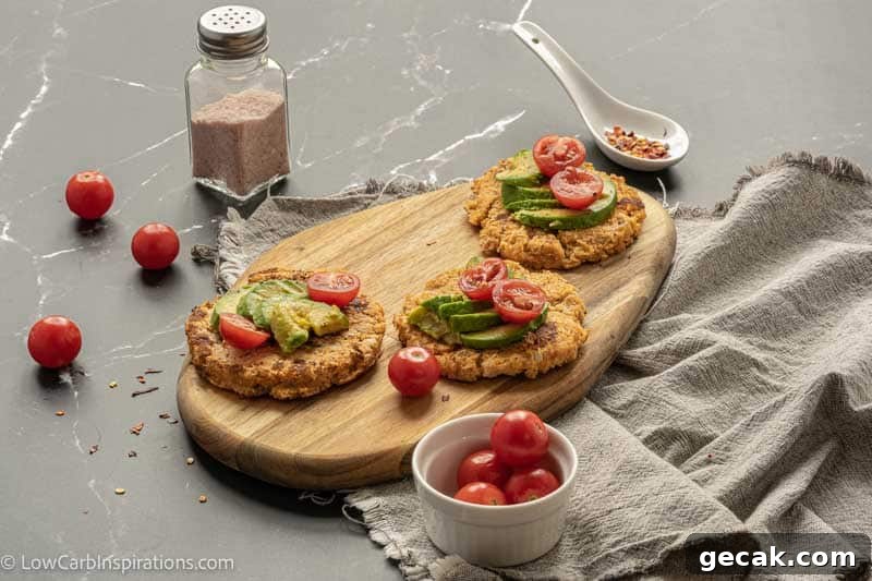 Savory Cauliflower Pancakes with Herbs and Parmesan 11 far away photo of savory pancakes on a wood cutting board topped with avocado and tomatoes