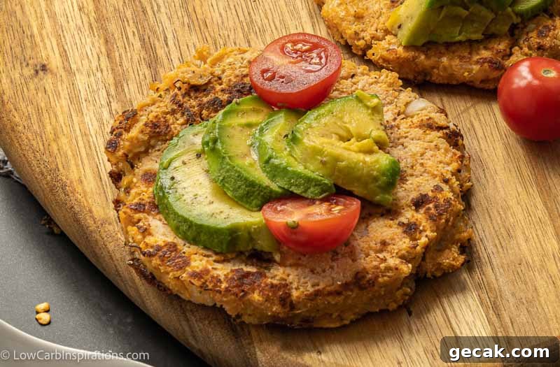 Savory Cauliflower Pancakes with Herbs and Parmesan 13 close up of breakfast for dinner cauliflower pancakes topped with avocado and tomatoes