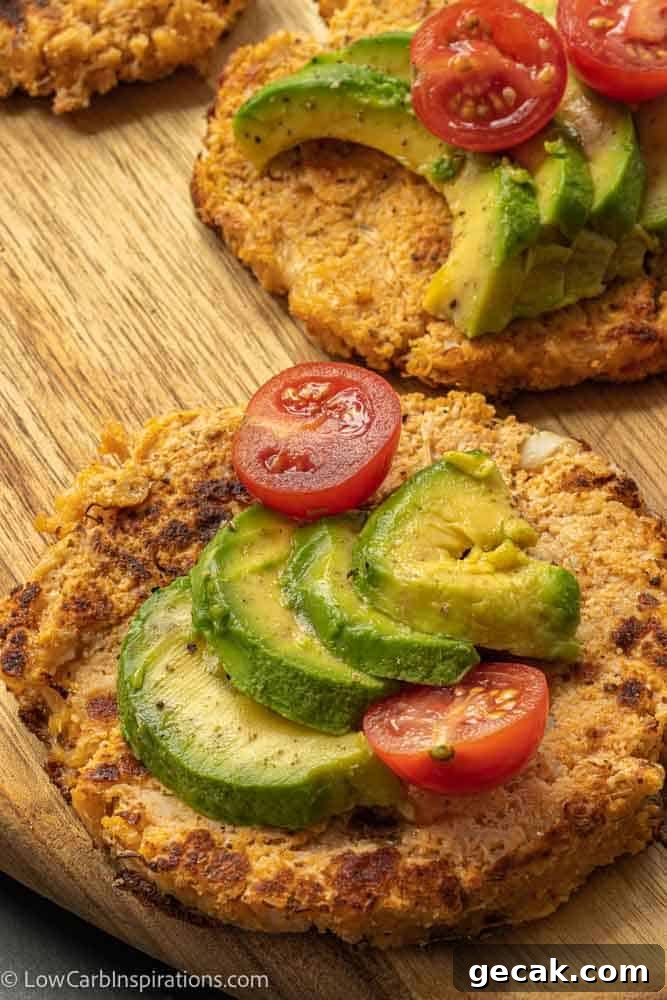 Savory Cauliflower Pancakes with Herbs and Parmesan 14 close up of breakfast for dinner cauliflower pancakes topped with avocado and tomatoes