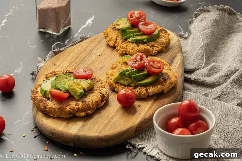 Savory Cauliflower Pancakes with Herbs and Parmesan 15 angled photo of cauliflower pancakes on a wood cutting board topped with avocado and tomatoes