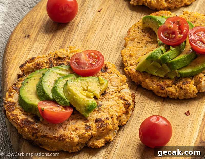 Savory Cauliflower Pancakes with Herbs and Parmesan 3 close up of breakfast for dinner cauliflower pancakes topped with avocado and tomatoes