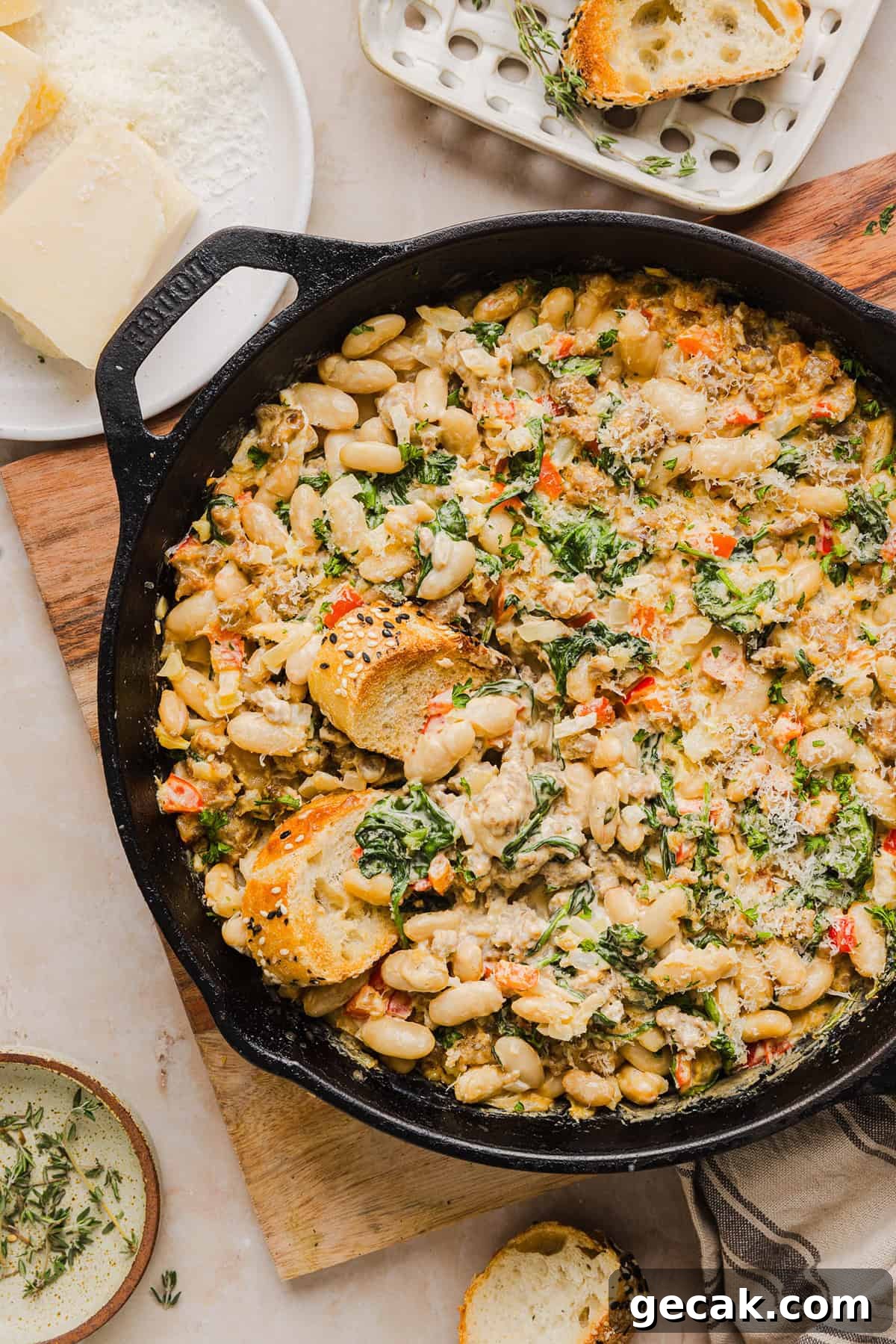 Cheesy Sausage Bean Dip with sausage, peppers, spinach and parmesan