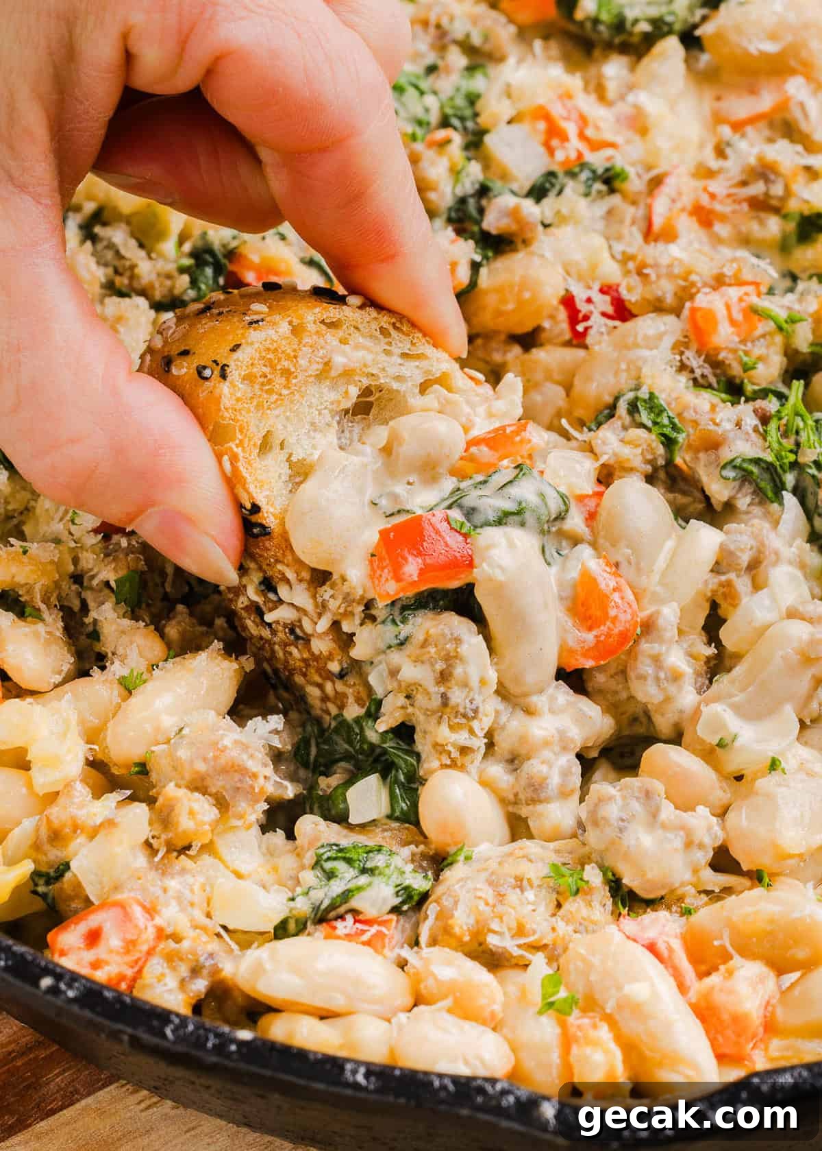 Baked dip served with chips and bread