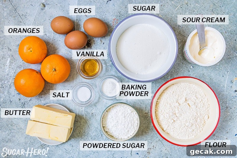 Overhead shot of the ingredients needed to make an orange bundt cake.