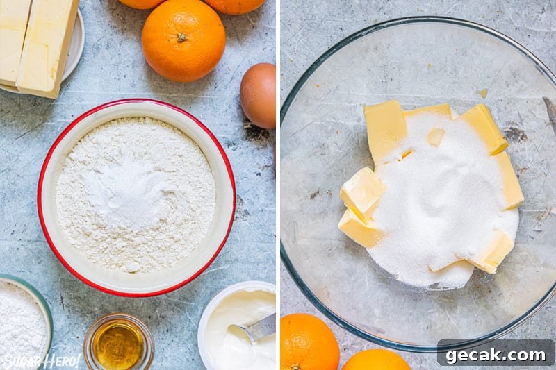 Two photo collage showing mixing and measuring the ingredients for orange bundt cake.